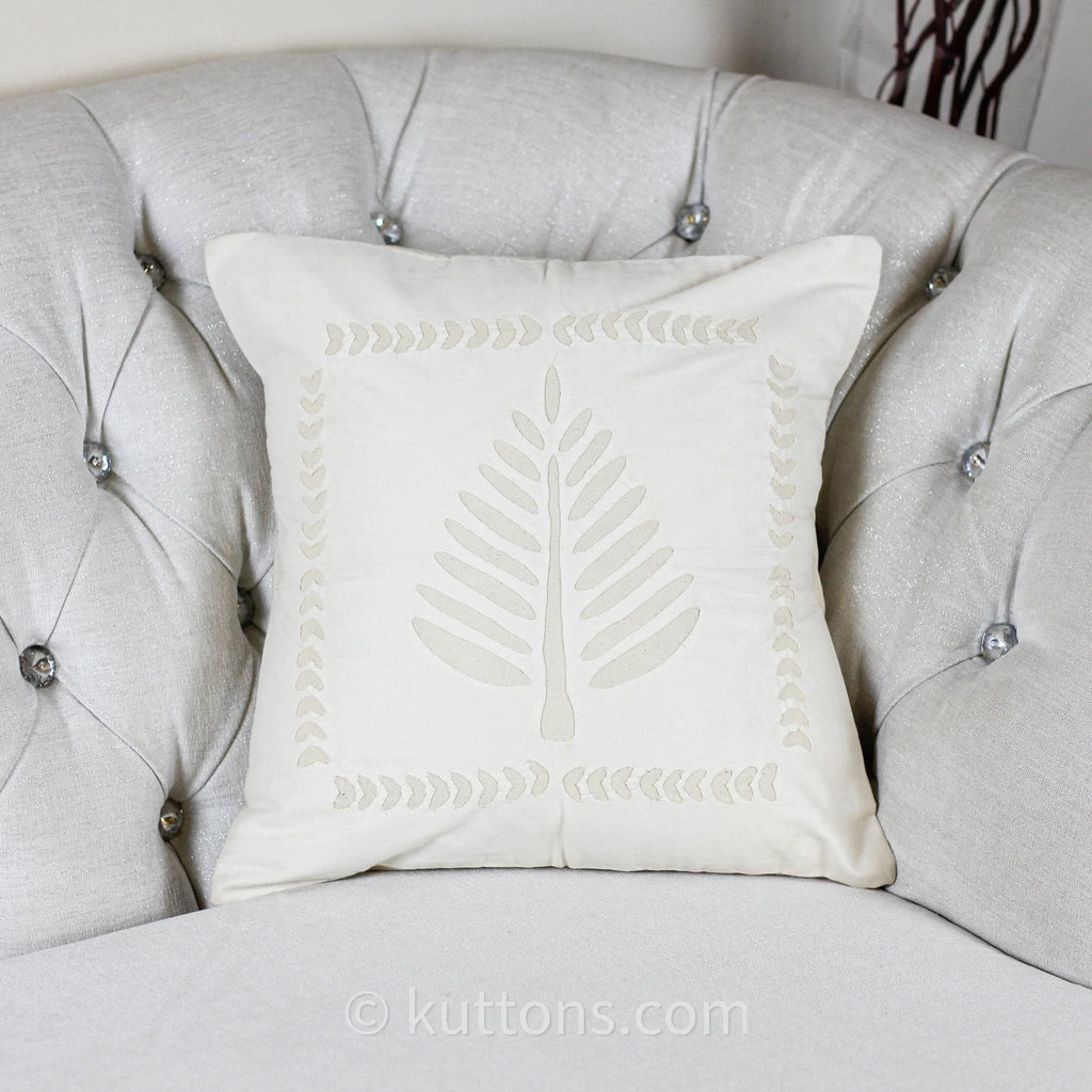 Applique Work Cotton Cushion Cover Handcrafted Decorative Pillow Cream 16x16