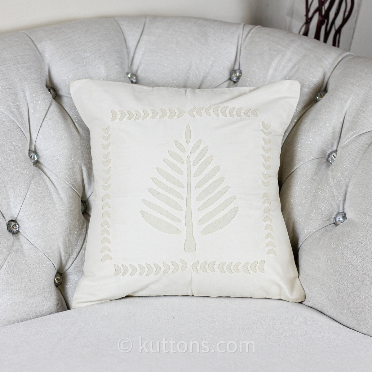 Applique Work Cotton Cushion Cover Handcrafted Decorative Pillow Cream 16x16