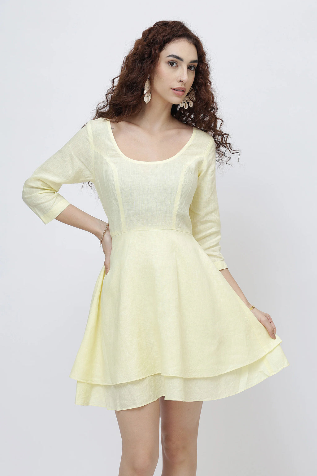 The Elara European Linen Dress Rich Double Layered Mini Skirt Dress Boat Neck
