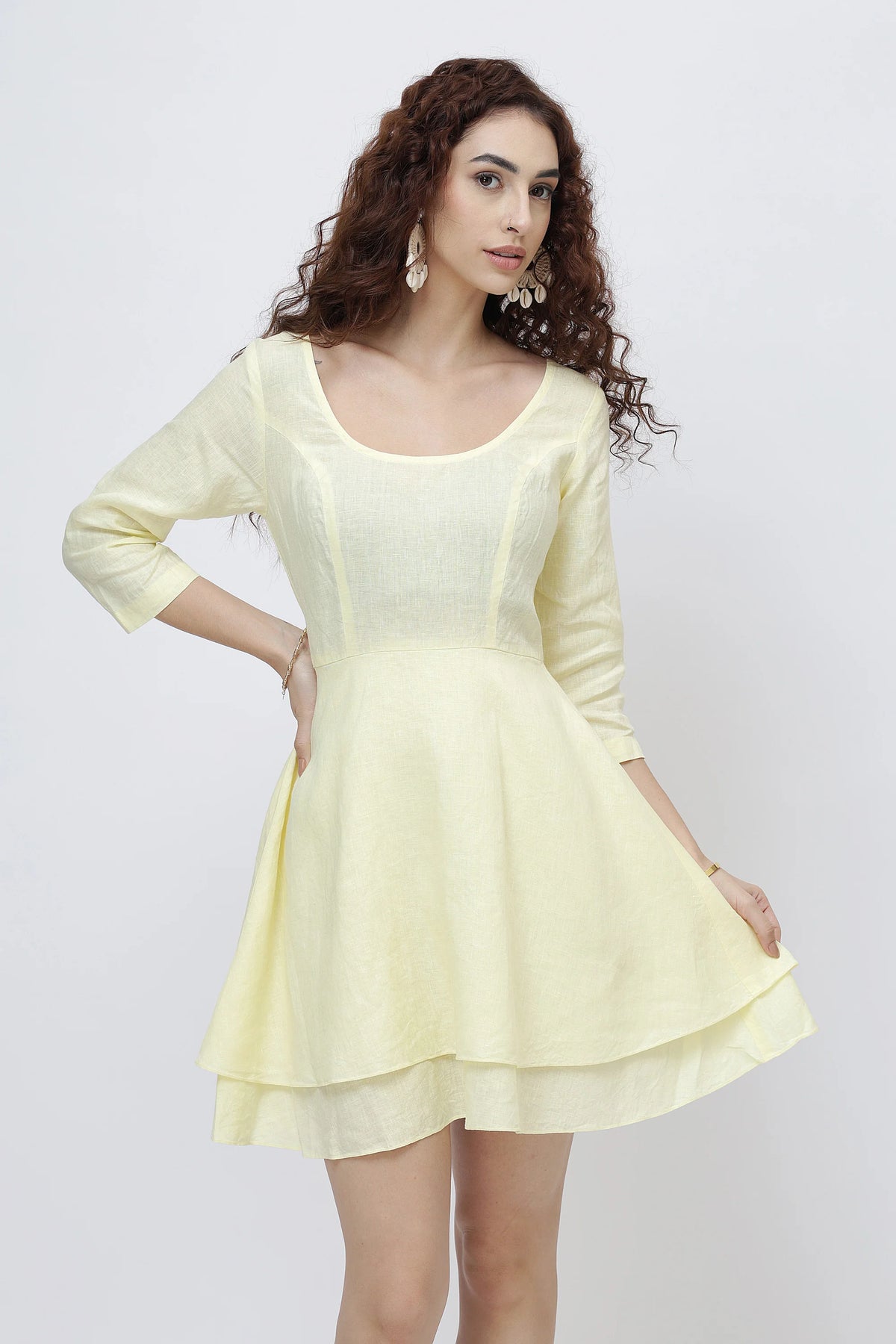 The Elara European Linen Dress Rich Double Layered Mini Skirt Dress Boat Neck