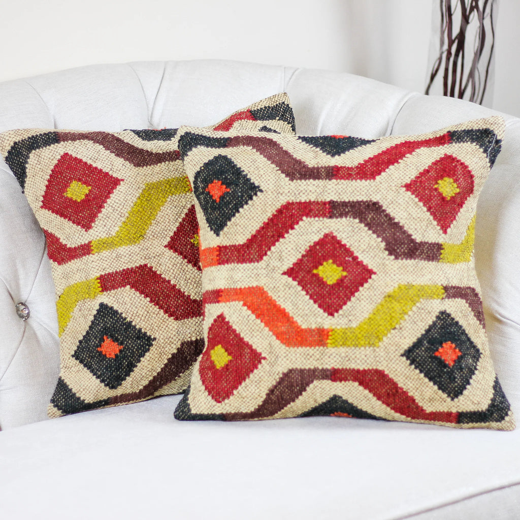 Handwoven Jute Cotton Boho Kilim Pillow Cover Sets Throw Pillows Cream Yellow Set of 2 Multiple Options 18x18