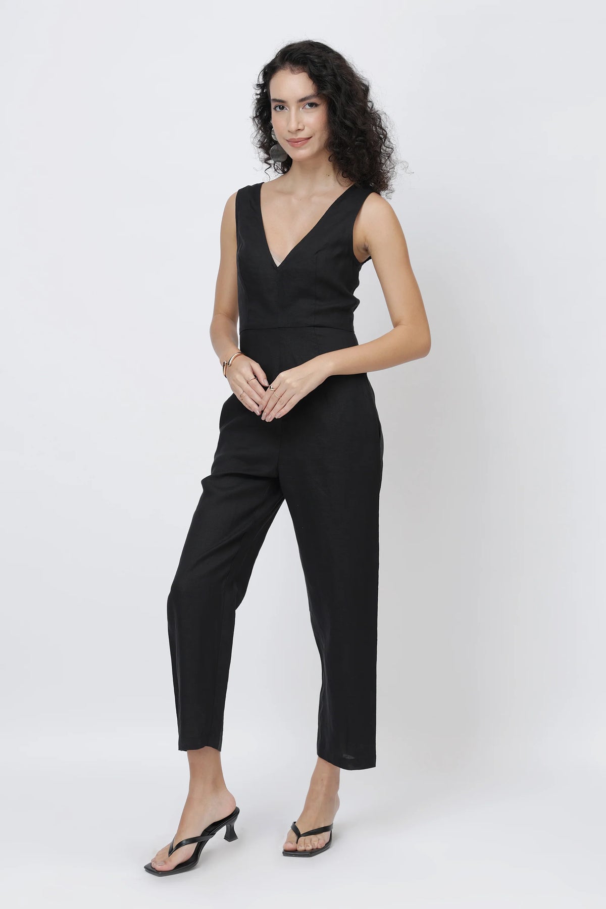The Sculpted V Neck Linen Jumpsuit Pure European Linen