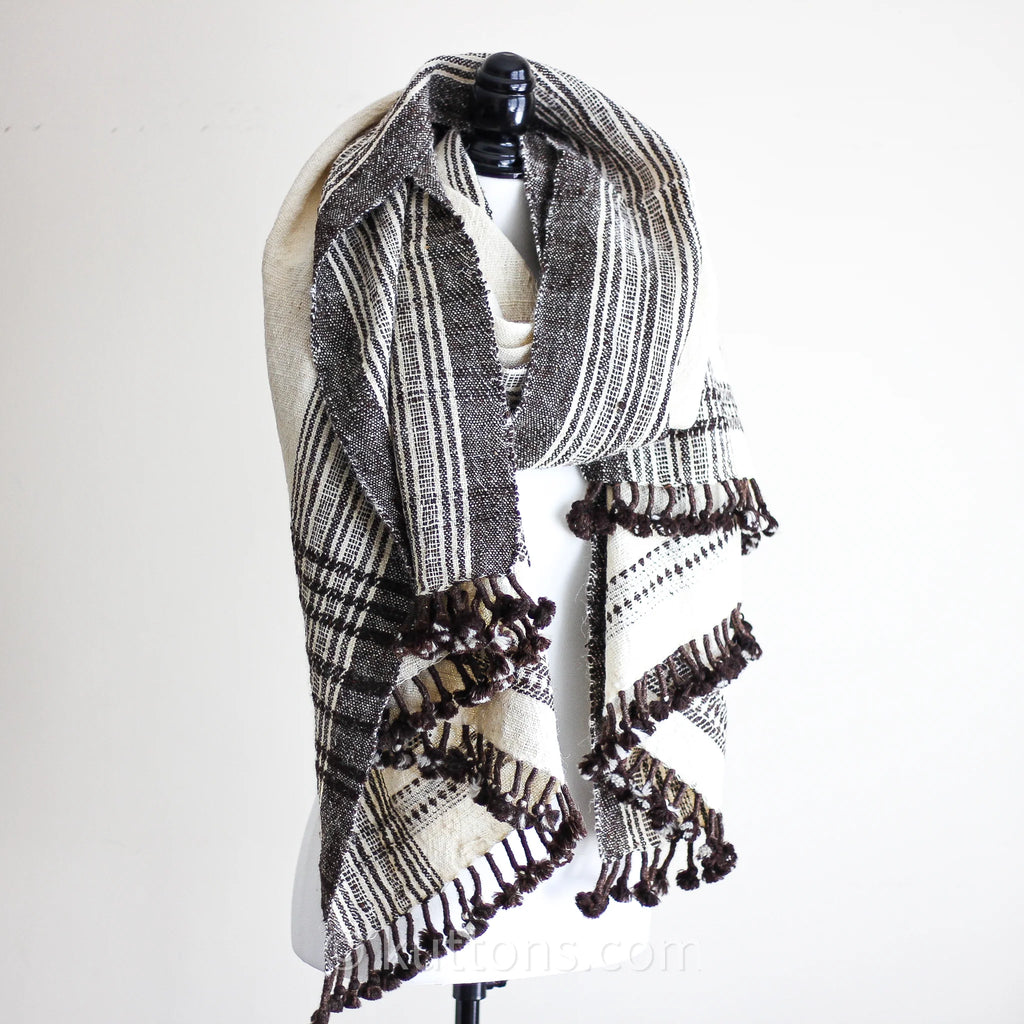 Nomadic Tribal Wrap Throw Handspun Handwoven Bhujodi Raw Wool Shawl Cream 36x84
