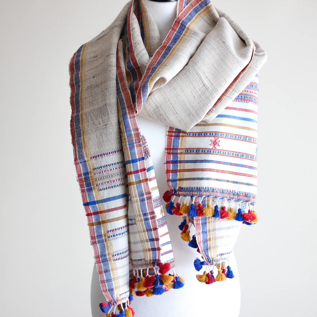 Handwoven Wrap from Handspun Tussar Silk Fine Cotton Colourful Tassels Beige Stole 24x86