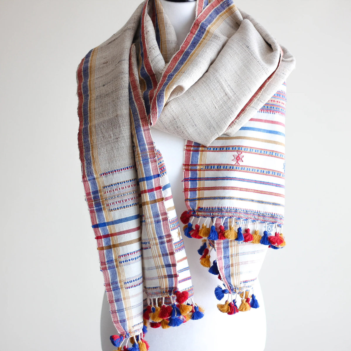 Handwoven Wrap from Handspun Tussar Silk Fine Cotton Colourful Tassels Beige Stole 24x86