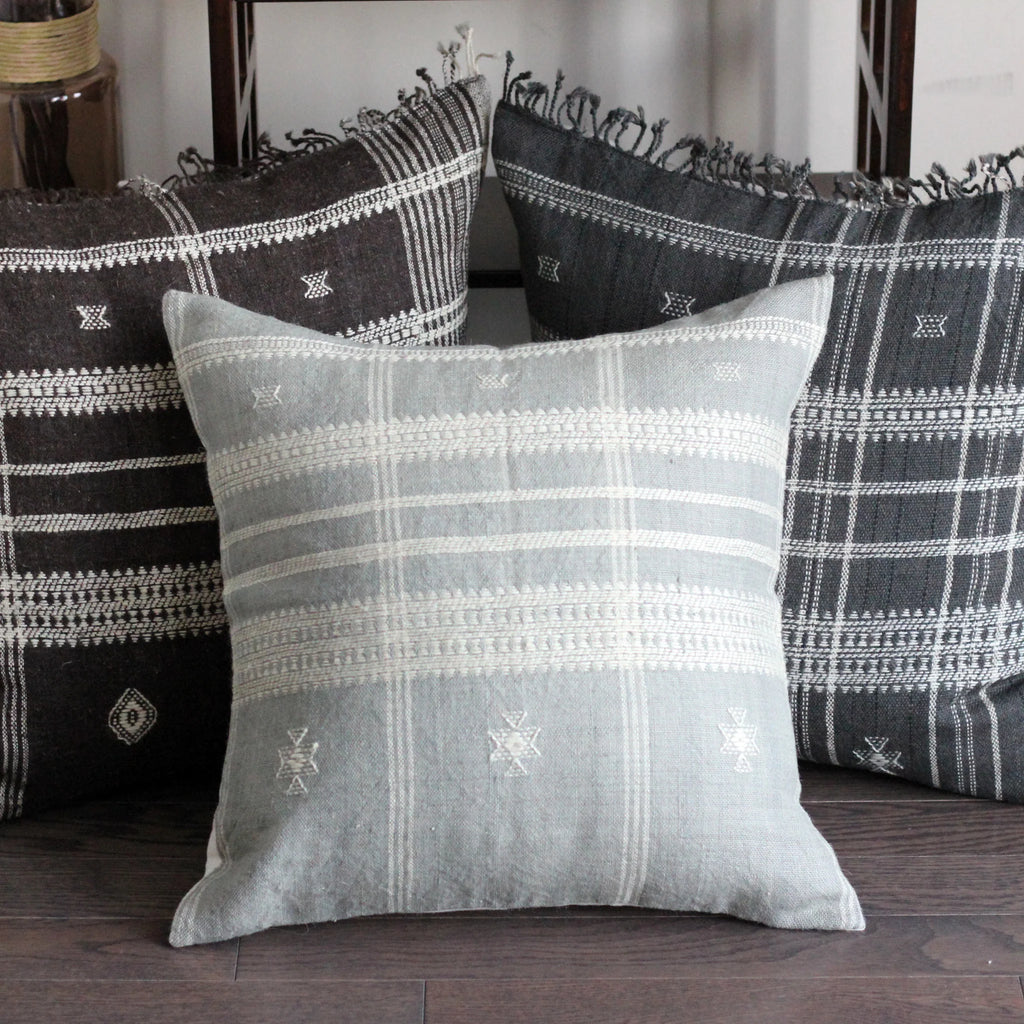 Handwoven Bhujodi Wool Cotton Cushion Cover Vintage Rustic Pillow Gray Blue 20x20