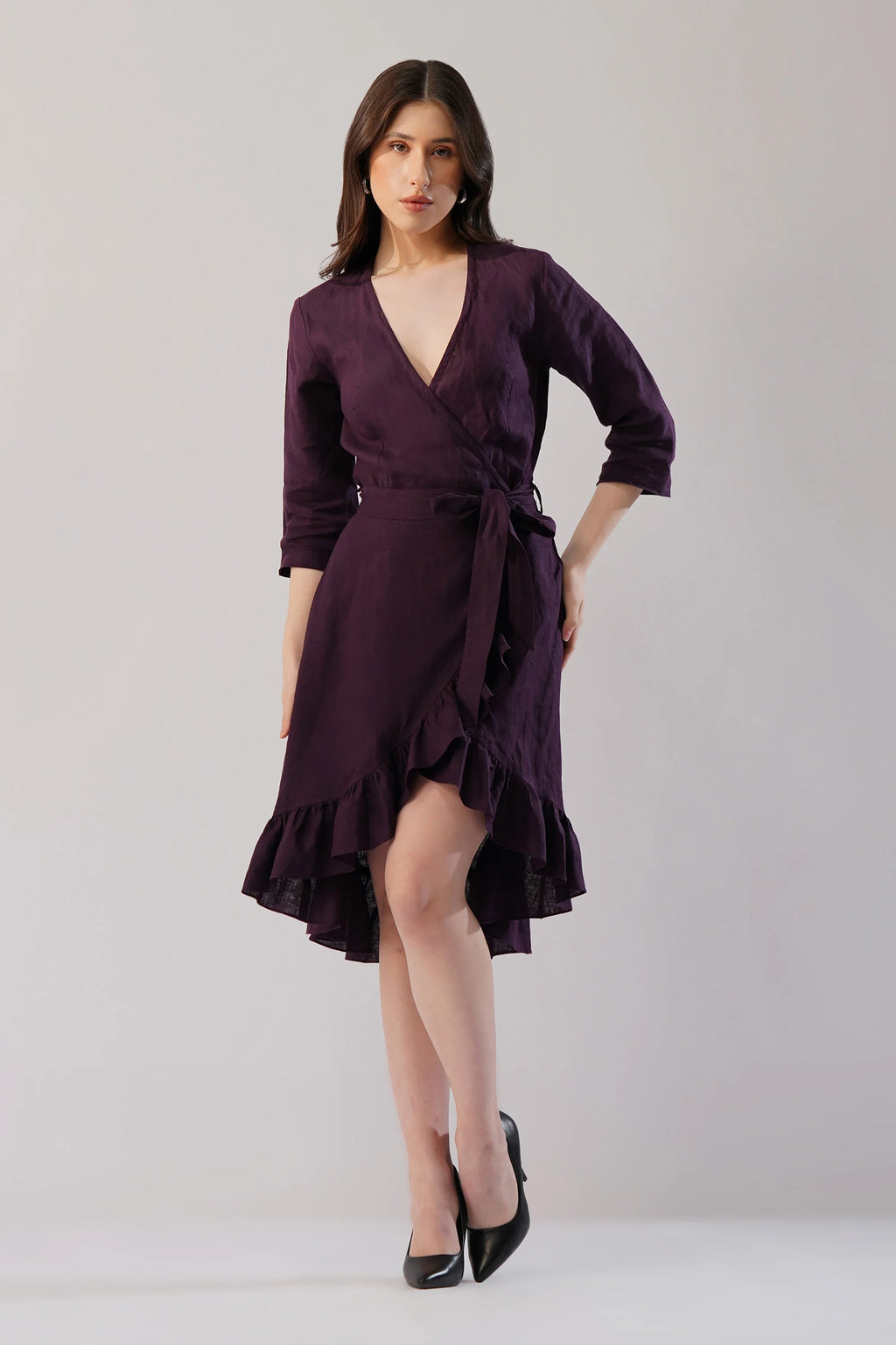 Elara Wrap Linen Dress Asymmetric Hem Ruffle Detail European Linen