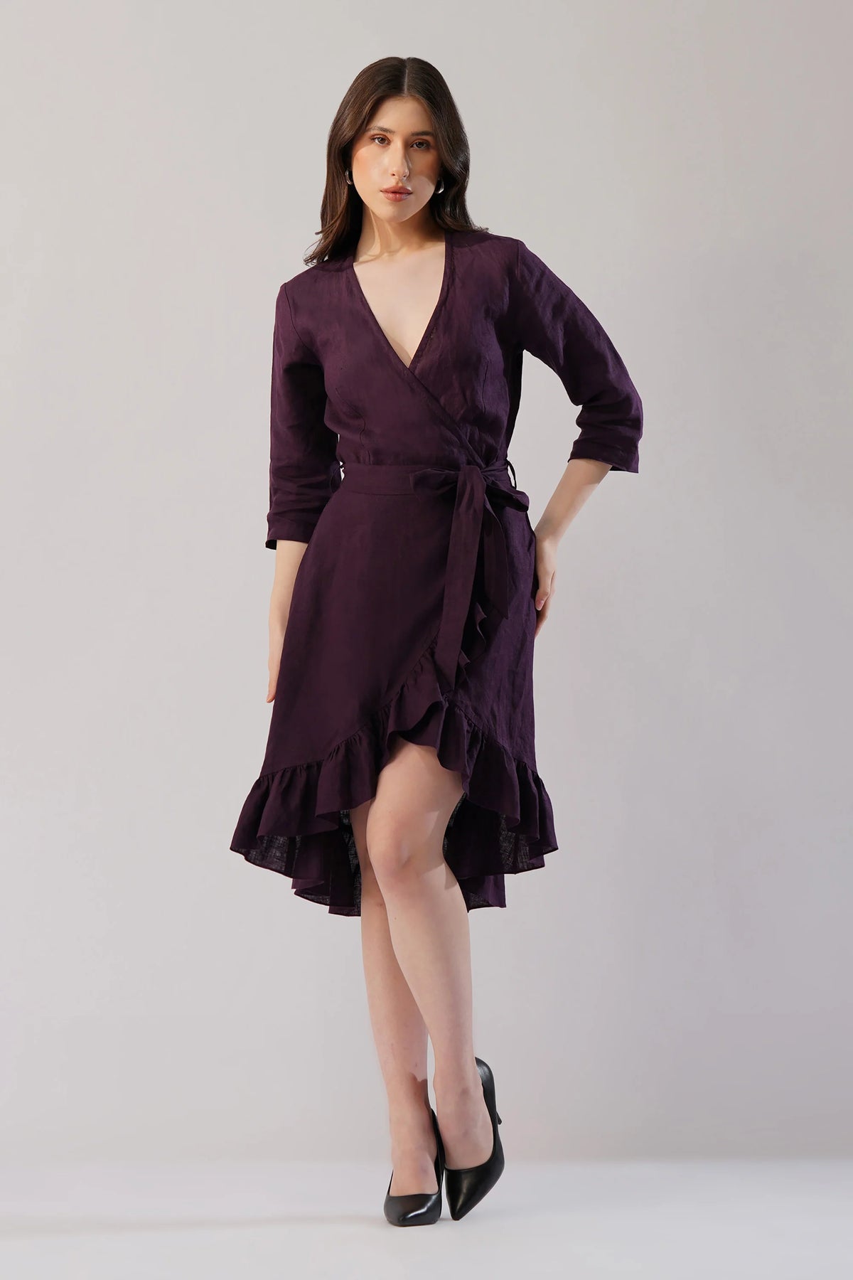 Elara Wrap Linen Dress Asymmetric Hem Ruffle Detail European Linen