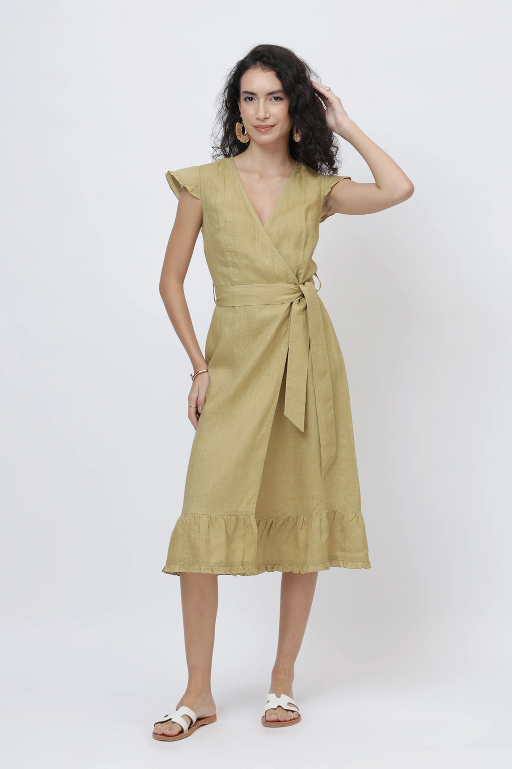 Flutter Sleeve Linen Wrap Midi Dress European Linen