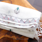 Hand Painted Ethnic Madhubani Linen Wrap with Tassels Tribal Motifs Fish White 20x80