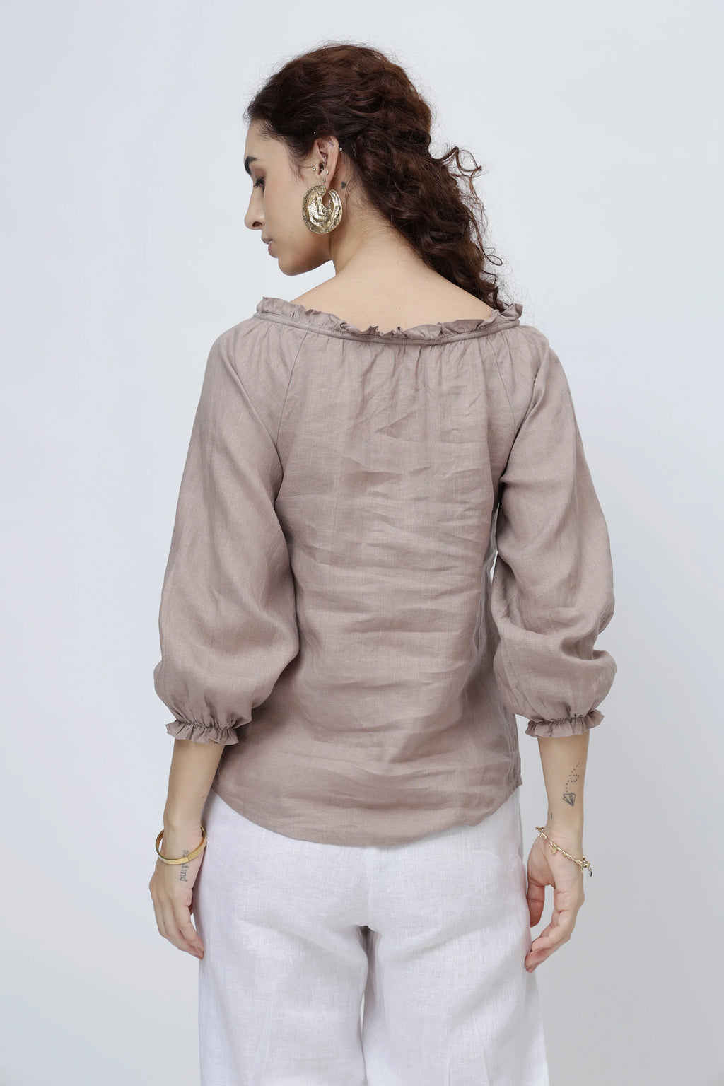 Signature Linen Tie Neck Top Soft Ruffle Collar Sleeves