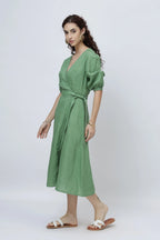 The Elegant Linen Wrap Midi Dress Puff Sleeves