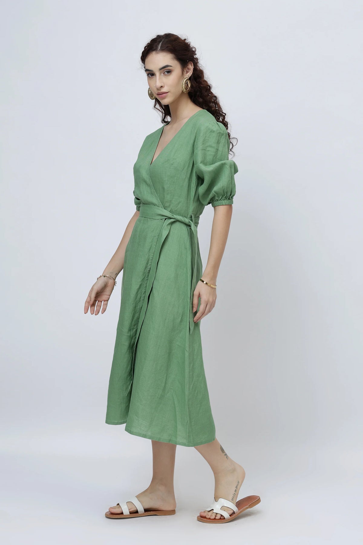 The Elegant Linen Wrap Midi Dress Puff Sleeves