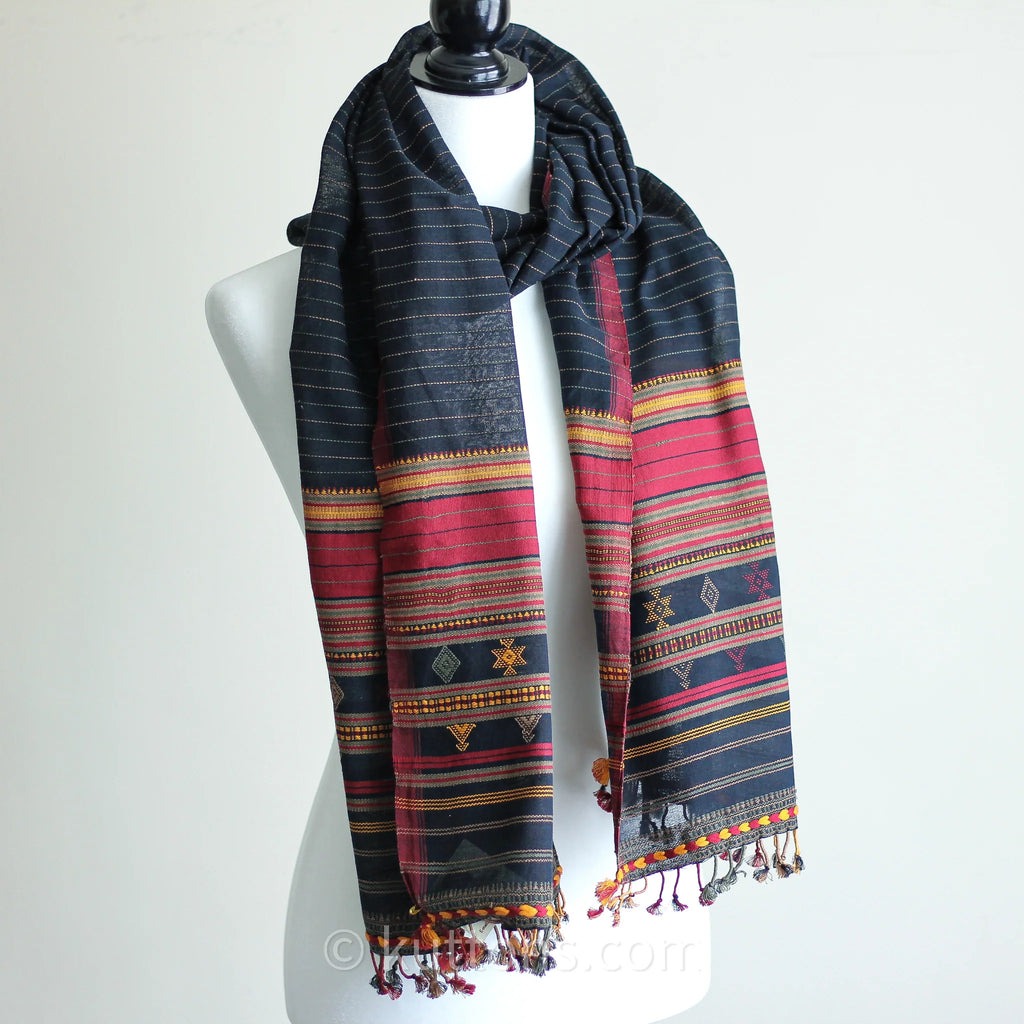 100 Cotton Wrap with Tassels Handwoven Bhujodi Stole Extra Weft Black Red Yellow 22x78