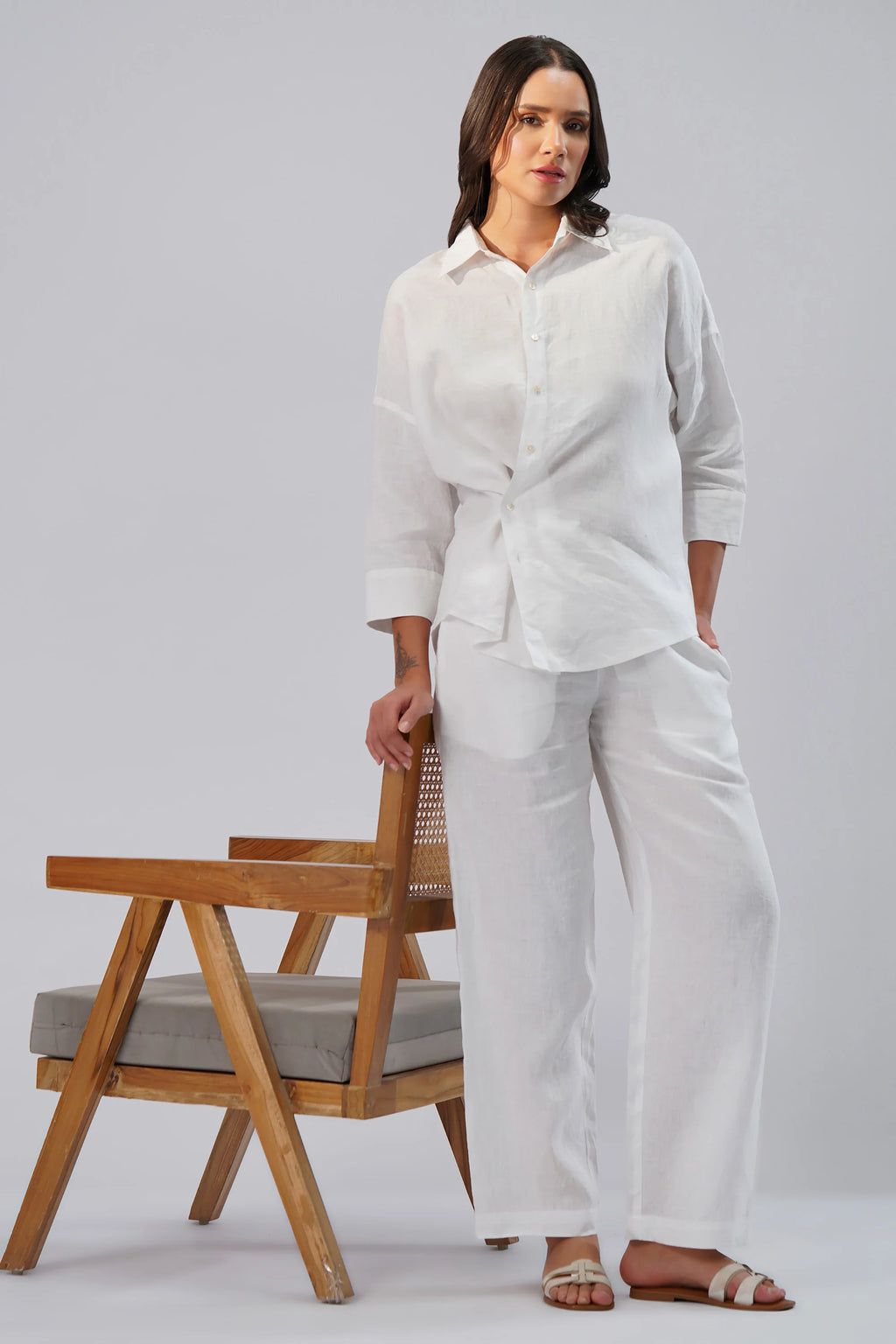 Relaxed Fit Linen Shirt with Wrap Styling Detail Drop Shoulders
