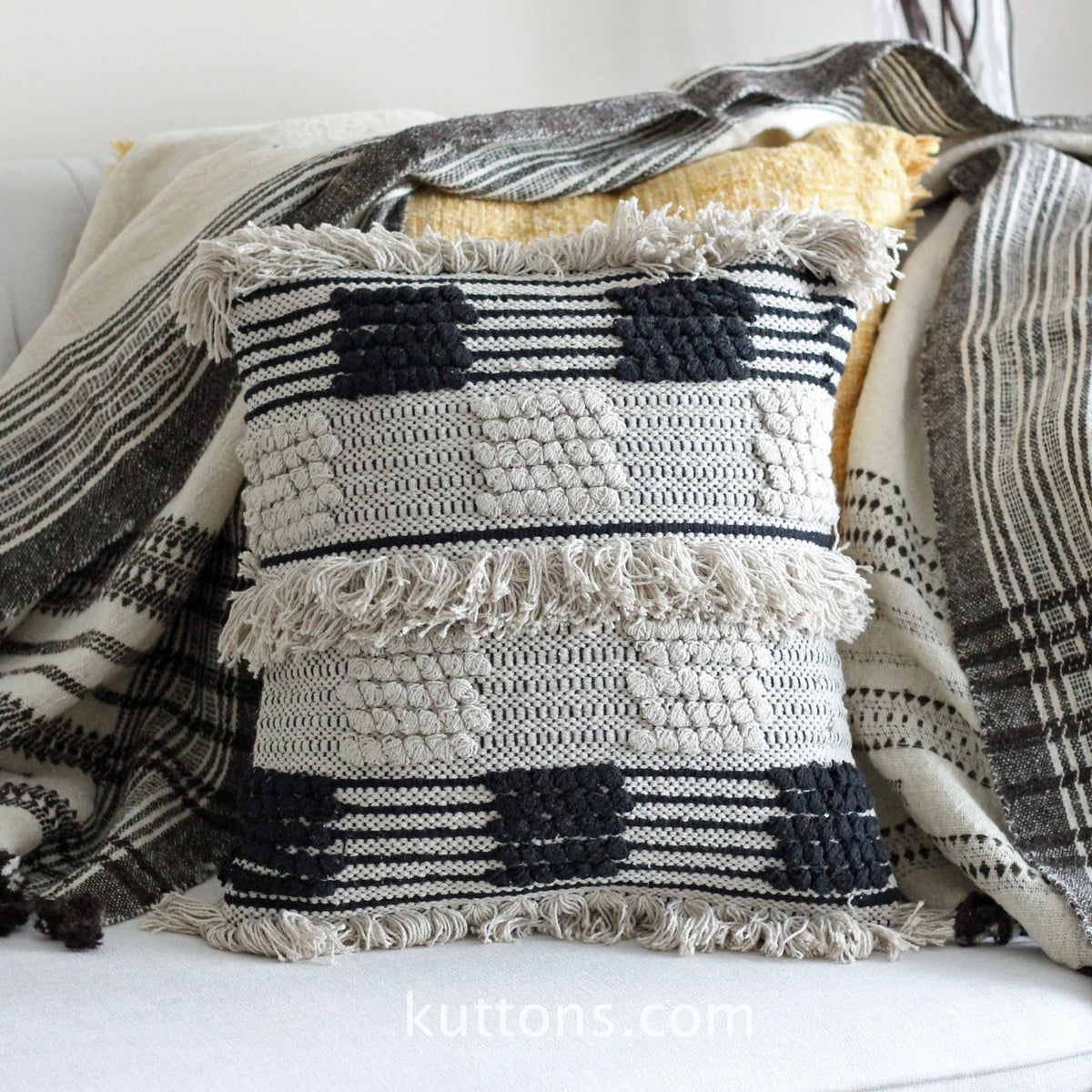 Hand Woven Boho Cotton Throw Pillow Cover Tufted Decorative Cushion Black White 18x18