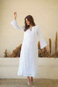 Linen Kaftan Dress Breezy White Pure Elegance Flowy Kaftan Maxi Dress with Full Sleeves Cotton Lining