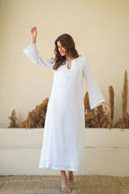 Linen Kaftan Dress Breezy White Pure Elegance Flowy Kaftan Maxi Dress with Full Sleeves Cotton Lining