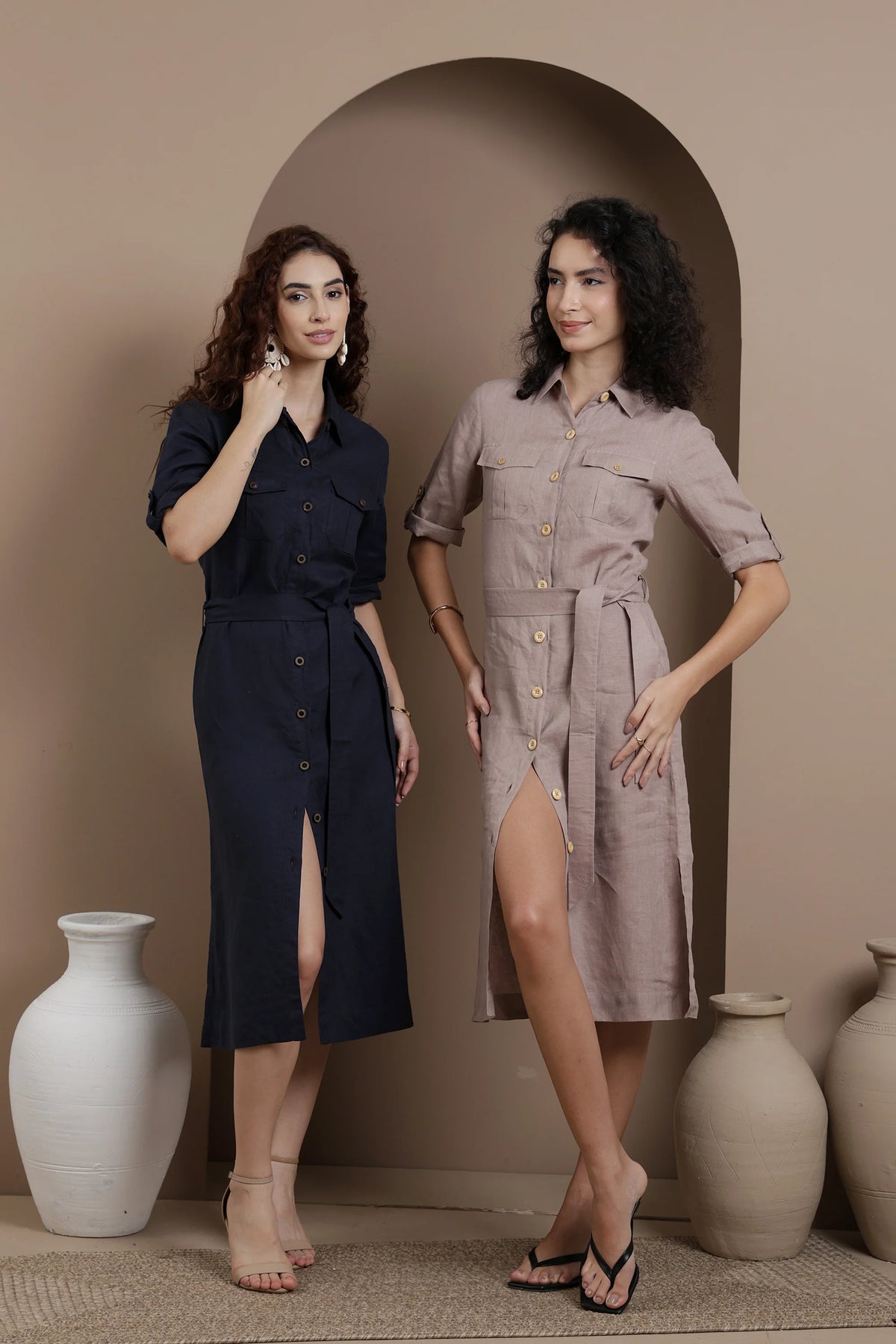 Tailored Linen Shirt Midi Dress Belted Shirt Dress