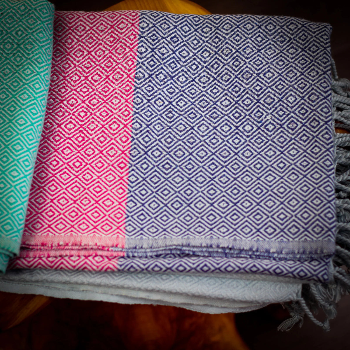 Handloom Cotton Beach Towel with Tassels Red Blue Green 32x64