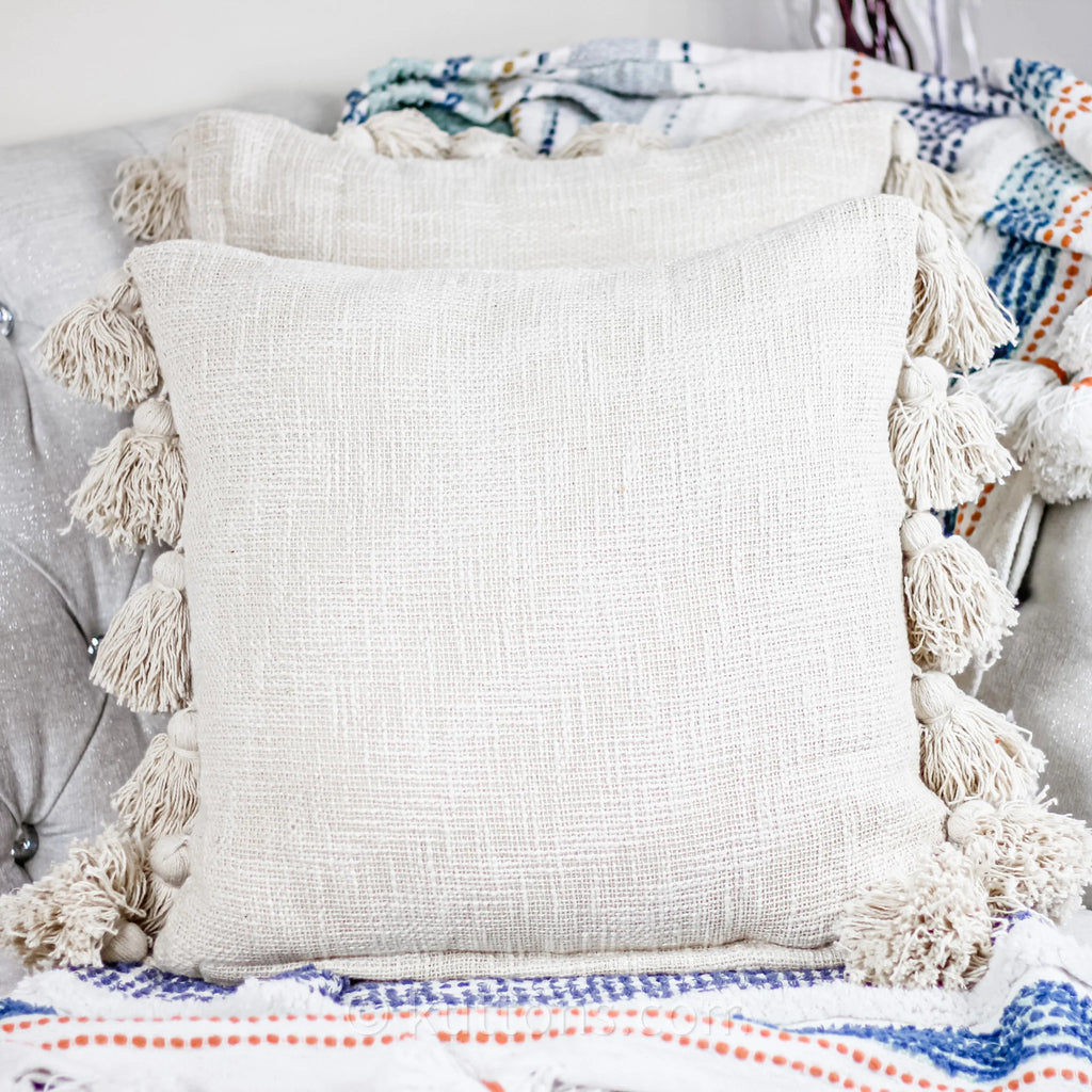 Handmade Textured Solid Cotton Pillow Cover With Large Side Tassels Cream 18x18 Square Single