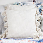 Handmade Textured Solid Cotton Pillow Cover With Large Side Tassels Cream 18x18 Square Single