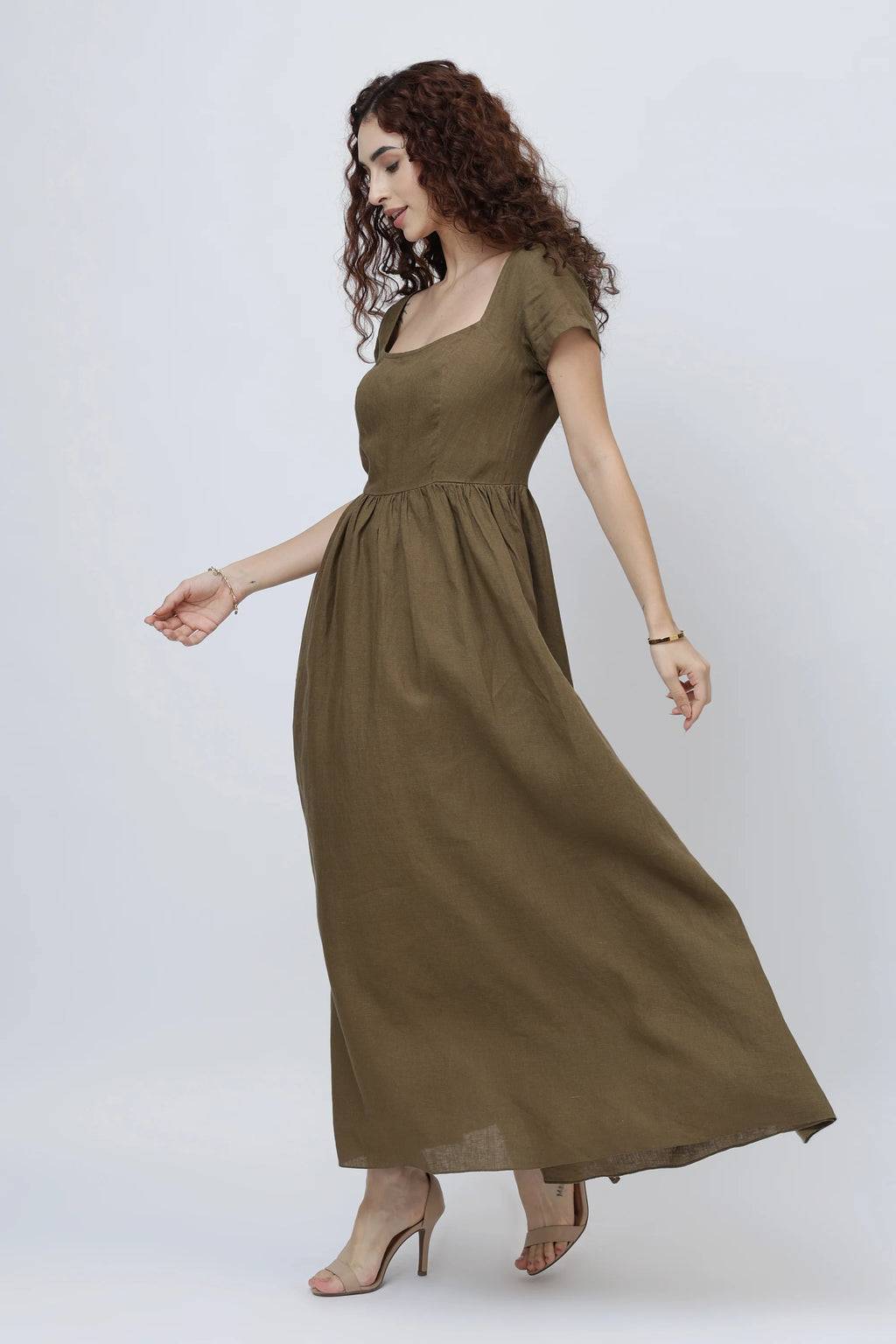 The Aria Linen Maxi Dress Square Neck Fitted Bodice