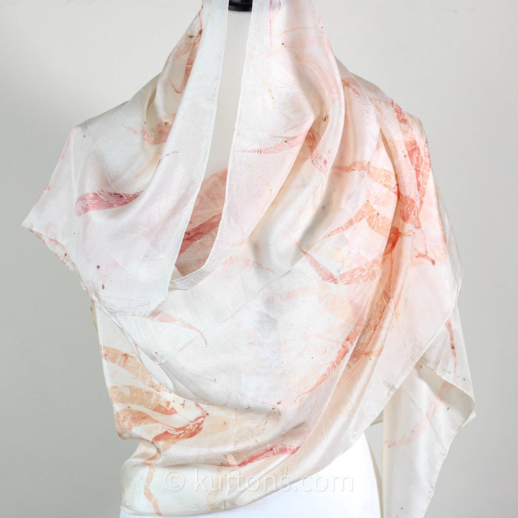 Natural Mulberry Silk Stole Eco Printed with Red Eucalyptus Leaves Featherweight Scarf Pink 21x72