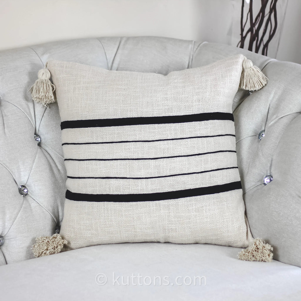 Handmade Textured Cotton Striped Pillow Cover Large Corner Tassels Cream 18x18 Square