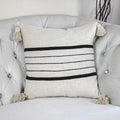 Handmade Textured Cotton Striped Pillow Cover Large Corner Tassels Cream 18x18 Square
