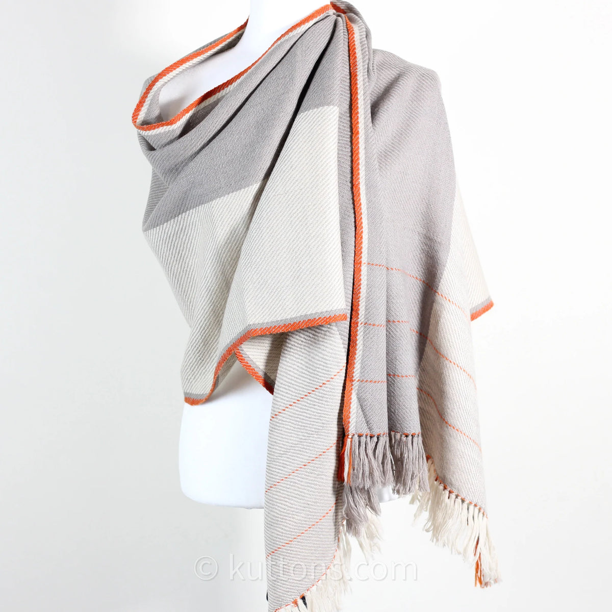 Handwoven Merino Himalayan Wool Stole Naturally Dyed Wrap with Tea Tesu Flowers and Harada Cream Gray 21x80