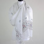 Hand Painted Ethnic Madhubani Linen Wrap with Tassels Tribal Motifs Fish White 20x80