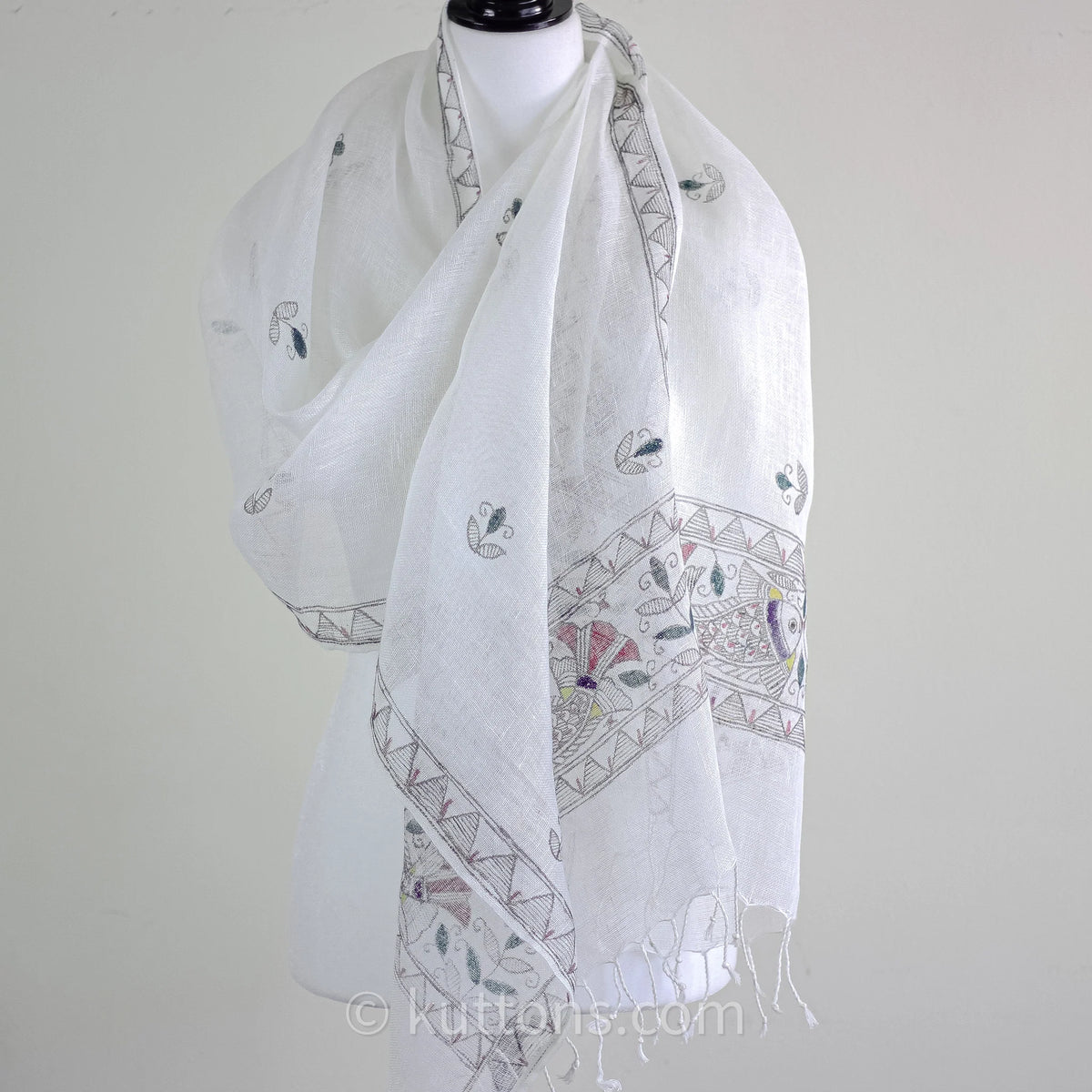 Hand Painted Ethnic Madhubani Linen Wrap with Tassels Tribal Motifs Fish White 20x80