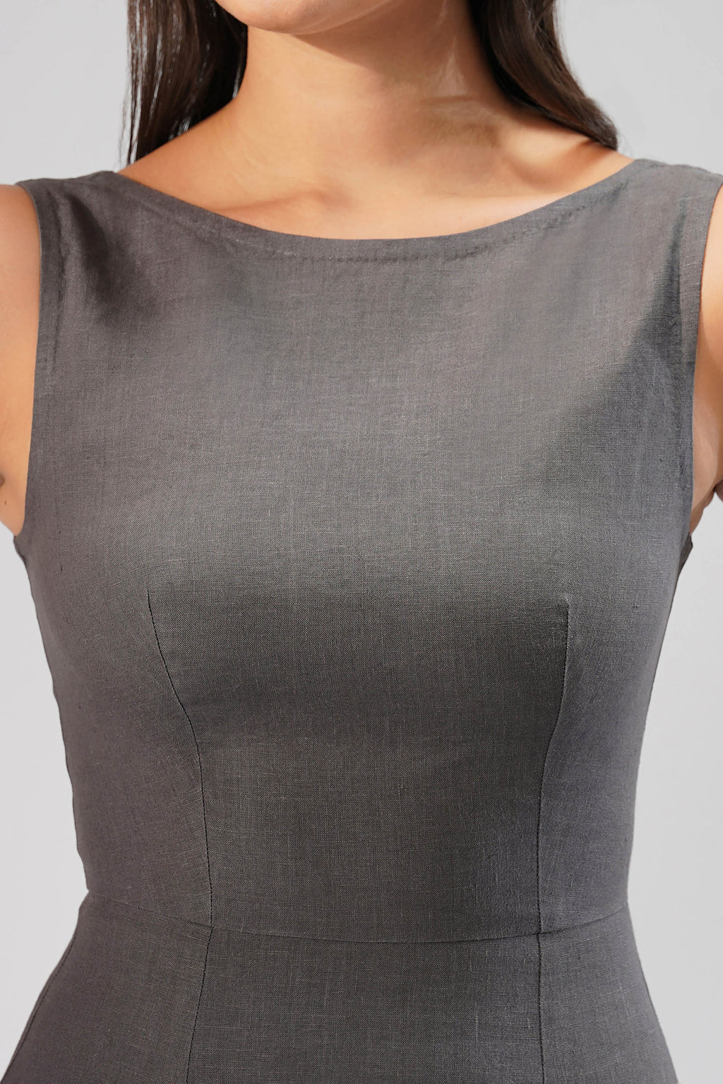 Sculpt Linen Midi Dress Sleeveless Boat Neck Dress with Front Slit