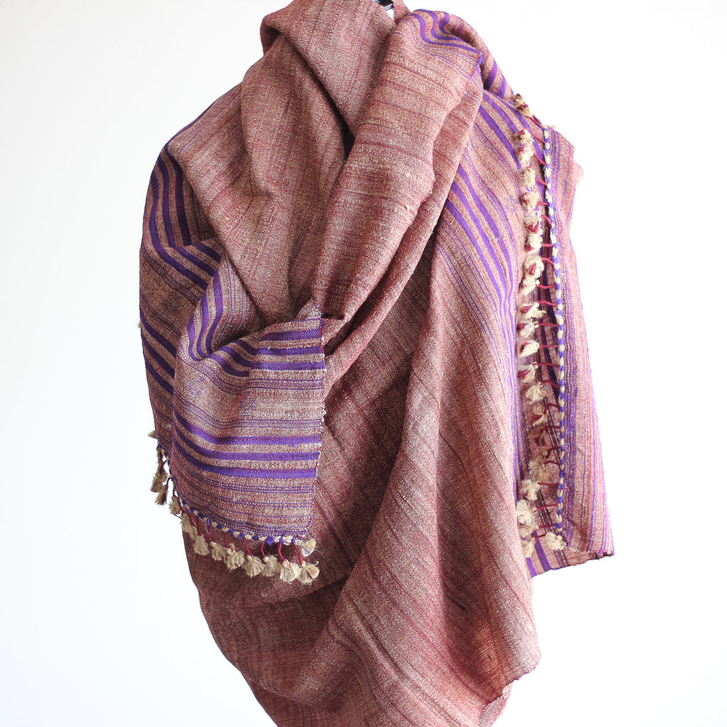Handspun Tussar Silk Merino Wool Shawl Handwoven with Tassels Maroon 38x87