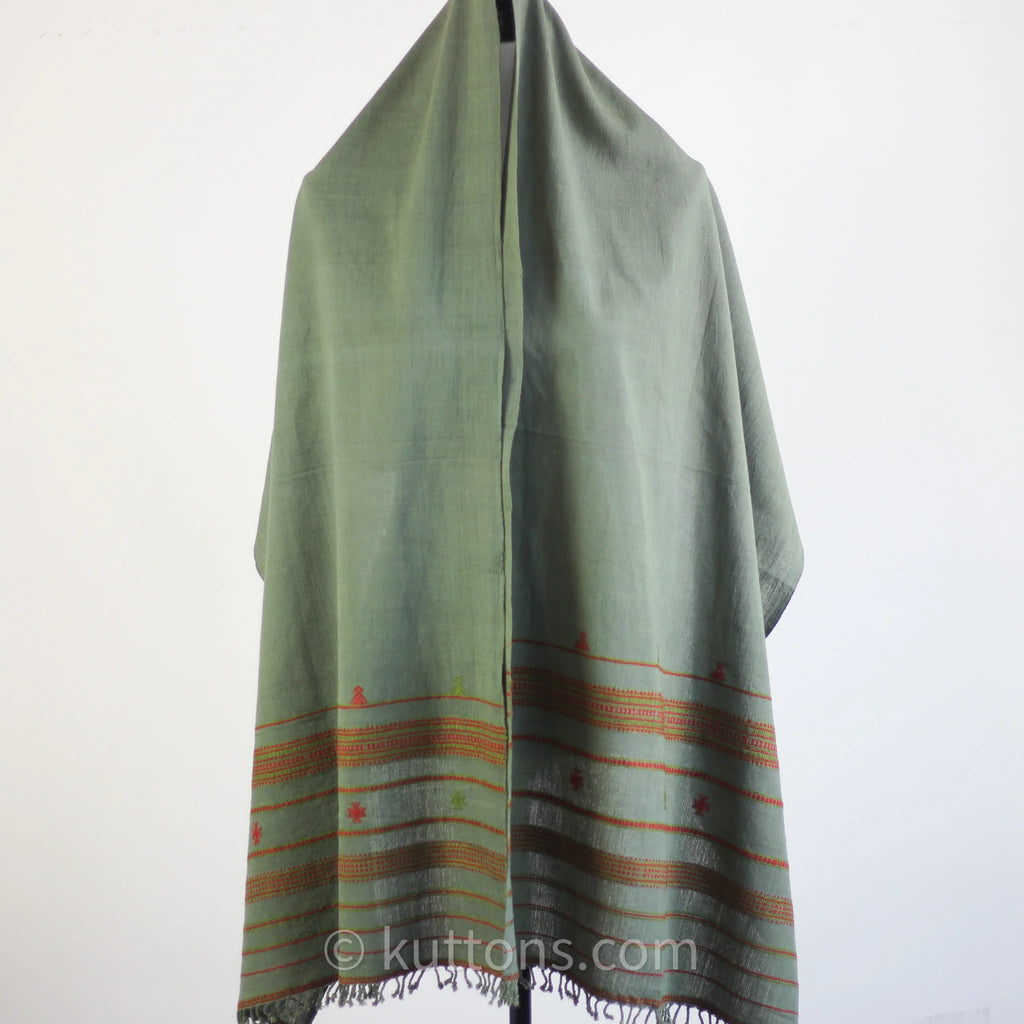 Organic Kala Cotton Scarf Handwoven Stole with Tassels Green 22x76
