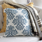 100 Cotton Throw Pillow Cover Hand Screen Printed with Damask Motif Corner Tassels Cream Blue Set of 2 20x20
