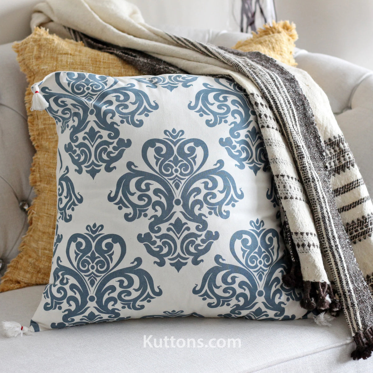 100 Cotton Throw Pillow Cover Hand Screen Printed with Damask Motif Corner Tassels Cream Blue Set of 2 20x20
