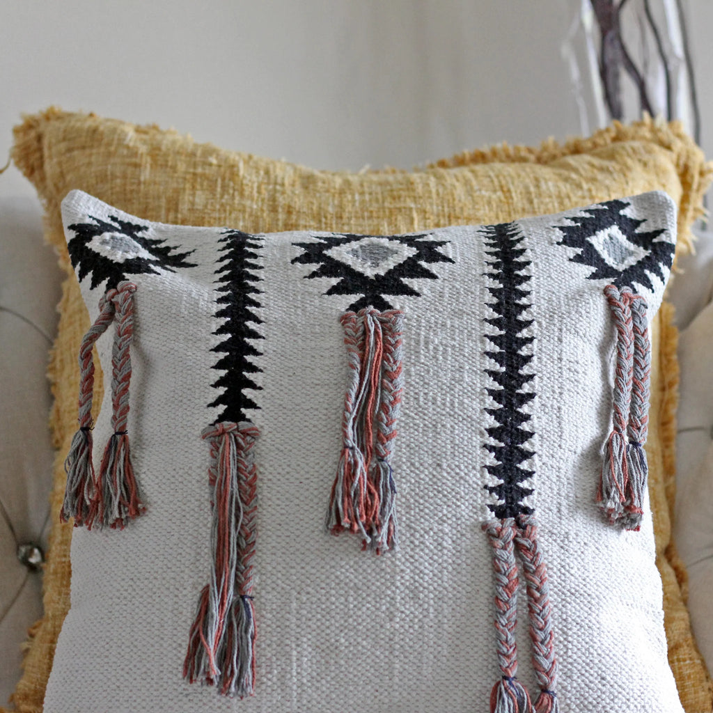 Boho Pillow Cover with Playful Long Tassels Handwoven 100 Cotton Cushion Cream 18x18