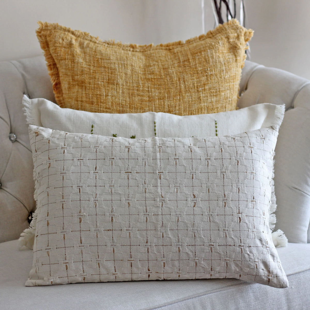 100 Silk Basket Weave Textured Pillow Cover Coconut Shell Button Cream Golden Brown Cushion 16x24