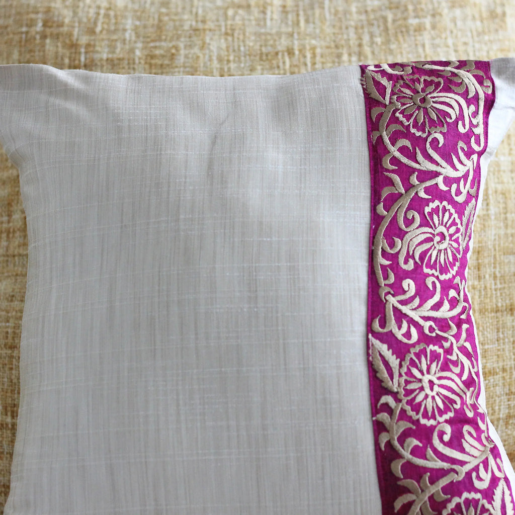 Decorative Silk Cushion Cover Intricate Floral Embroidery Cream Pillow 155