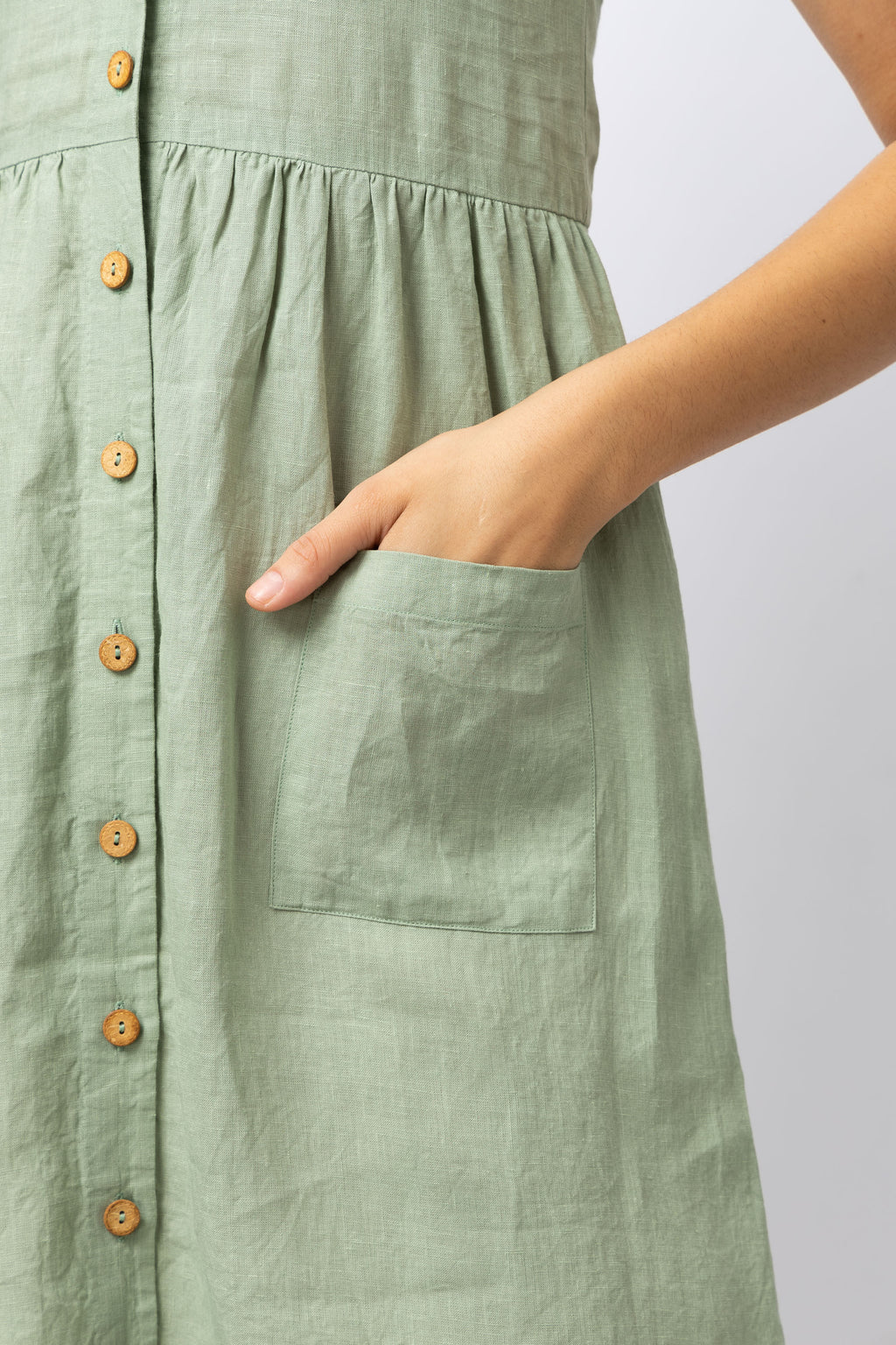 Linen Button Front Midi Dress with Pockets