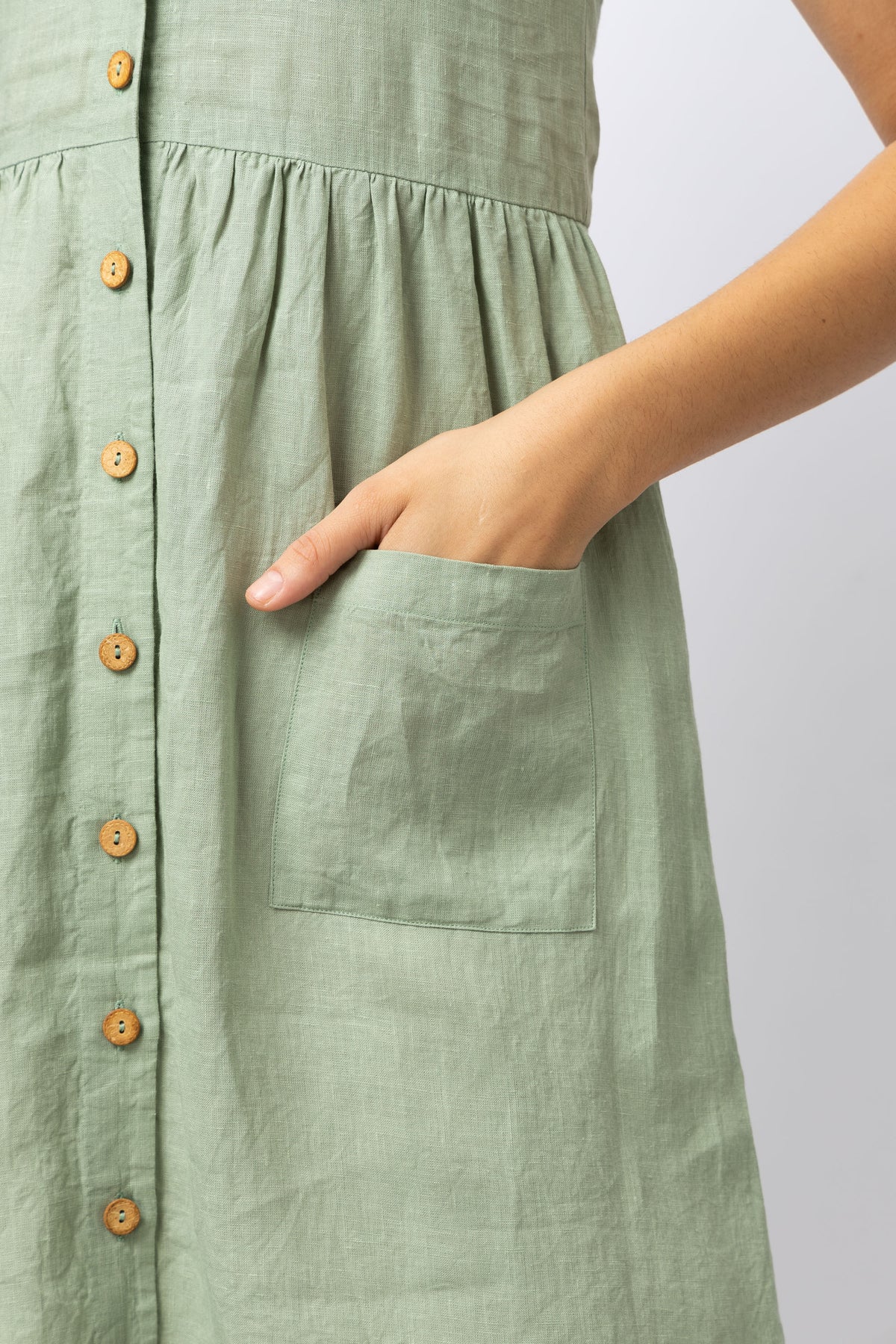 Linen Button Front Midi Dress with Pockets