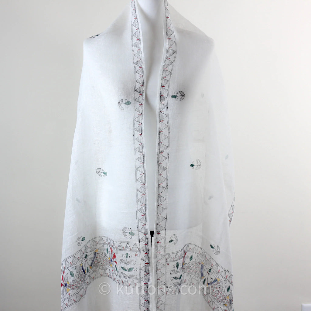 Hand Painted Ethnic Madhubani Linen Wrap with Tassels Tribal Motifs Fish White 20x80