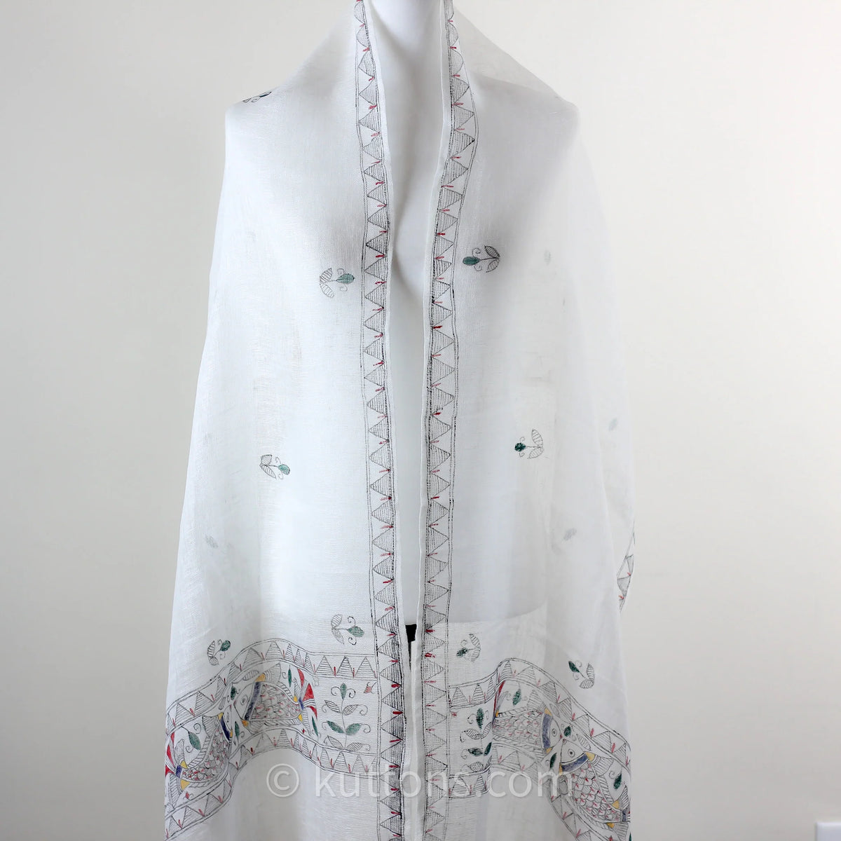Hand Painted Ethnic Madhubani Linen Wrap with Tassels Tribal Motifs Fish White 20x80