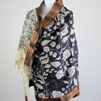 Ethnic Hand Painted Kalamkari Silk Wrap Natural Dyes Floral Dancing Divas Black 36x93