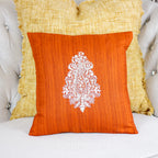 Embroidered Silk Blend Handloom Cushion Cover Paisley Motif Orange 16x16
