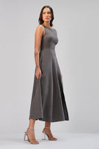 Sculpt Linen Midi Dress Sleeveless Boat Neck Dress with Front Slit