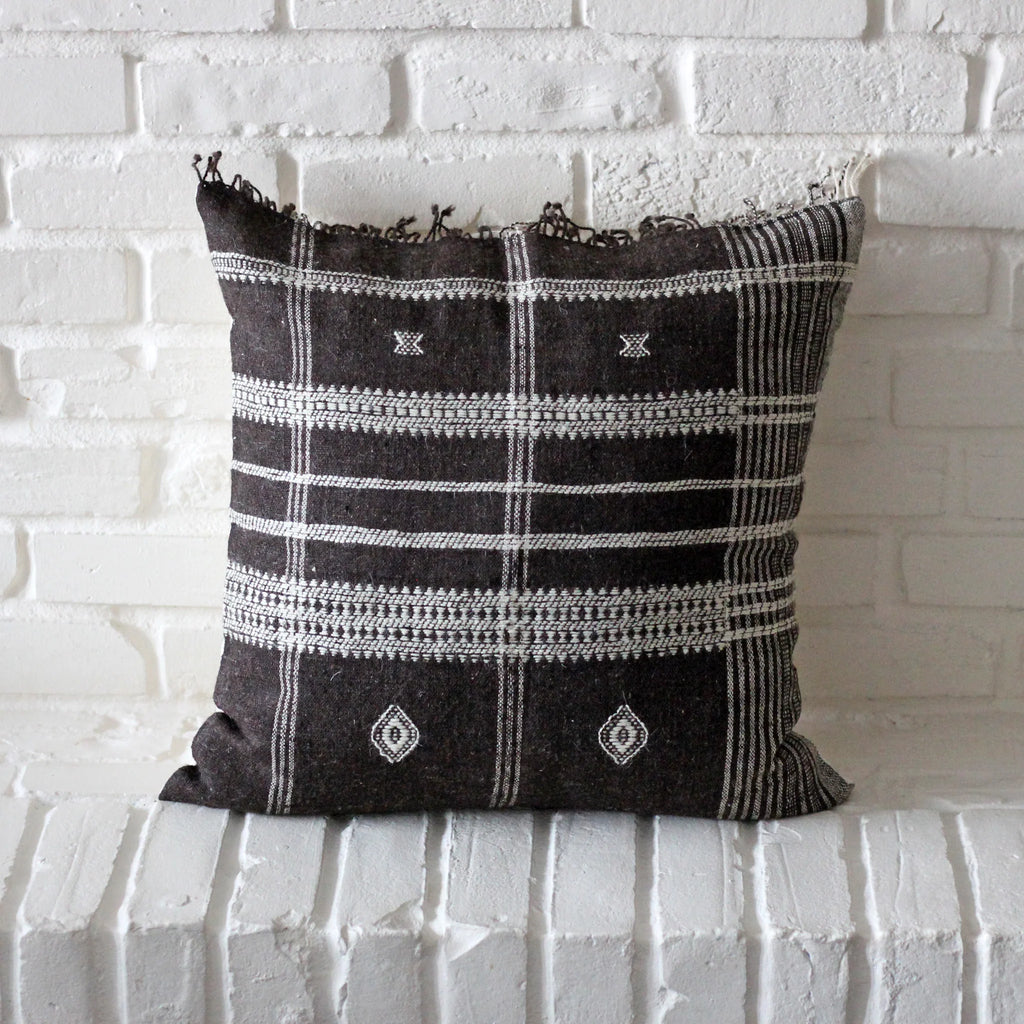 Handmade Bhujodi Throw Pillow Cover Rustic Wool Cotton Cushion Brown 22x22