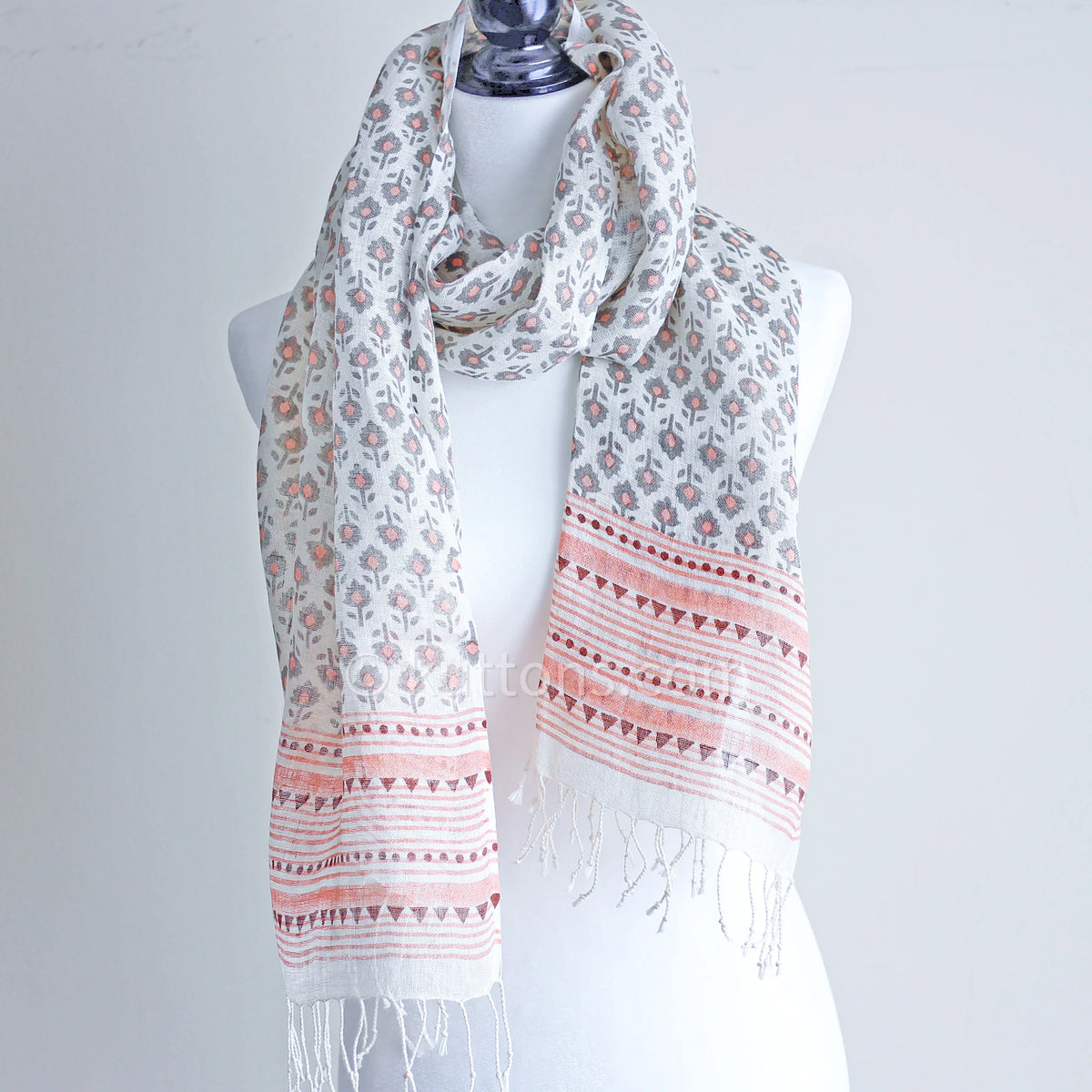 100 Linen Floral Hand Block Printed Stole Striped Border with Tassels Cream Peach 20x71